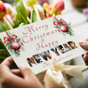 Merry Christmas And Happy New Year Collage Photo Holiday Card