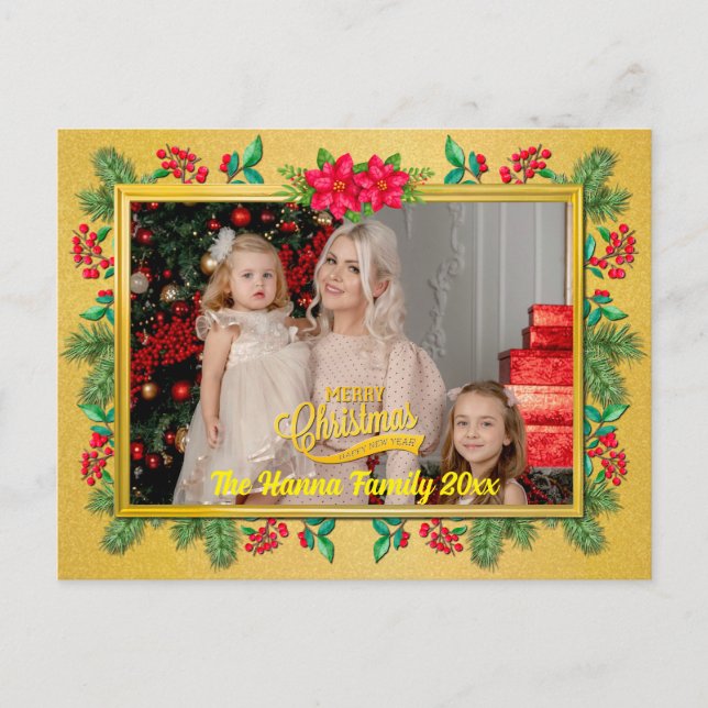 Merry Christmas and Happy New Year Gold Frame Holiday Postcard (Front)