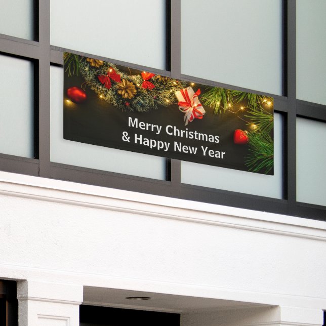 Merry Christmas And Happy New Year Indoor Outdoor Banner (Outside Building)