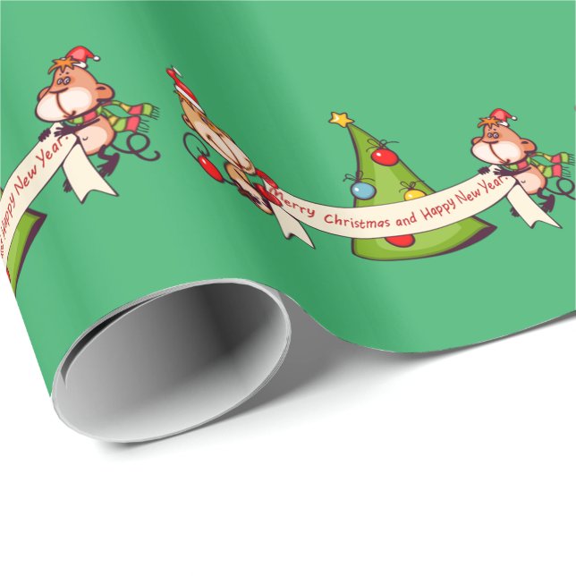 Merry Christmas And Happy New Year Monkeys Wrapping Paper (Roll Corner)