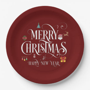 Merry Christmas And Happy New Year red Paper Plate