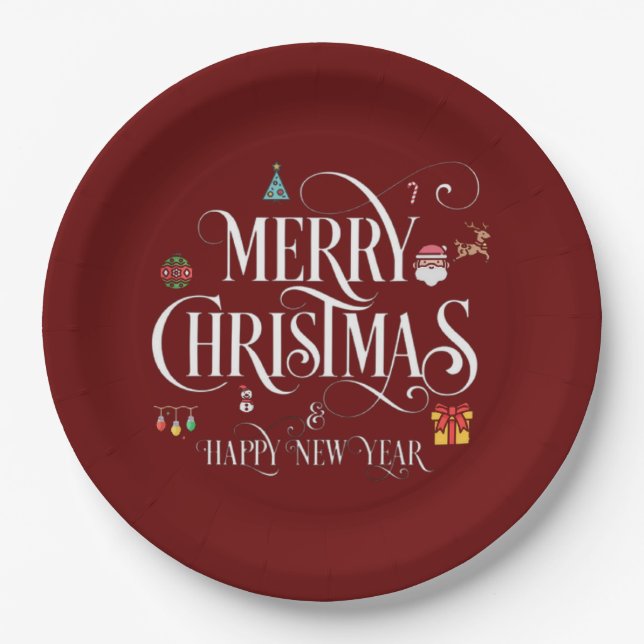 Merry Christmas And Happy New Year red Paper Plate (Front)