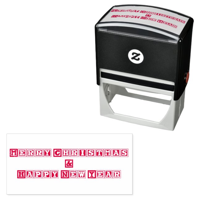 Merry Christmas and Happy New Year Red Text Blocks Self-inking Stamp (In Situ)