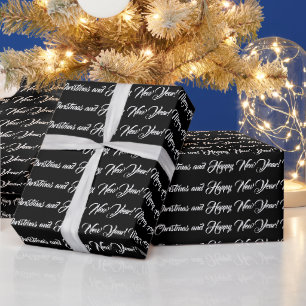 Merry Christmas and Happy New Year script black Wrapping Paper