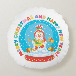 Merry Christmas and Happy New Year Snowman Round Cushion