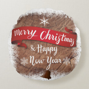 Merry Christmas and Happy New Year  Wood Texture  Round Cushion