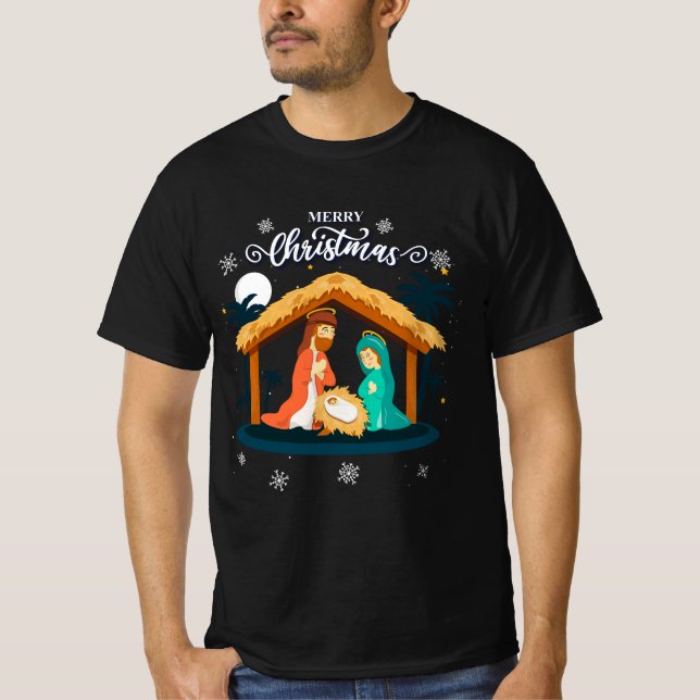 Merry Christmas And Nativity Scene Christian Faith T-Shirt (Front)