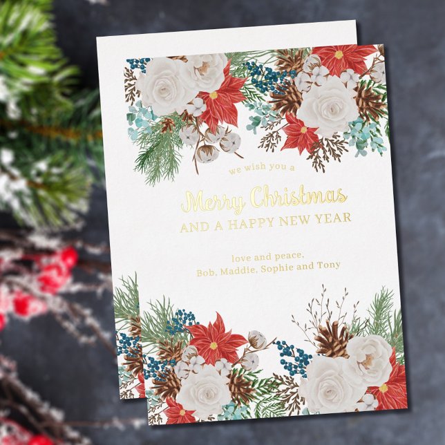 Merry Christmas and New Year Poinsettia Pine Gold Foil Holiday Card (Creator Uploaded)