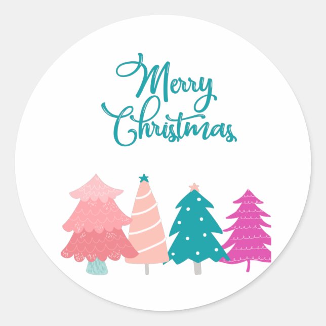 merry christmas and pink christmas trees classic round sticker (Front)