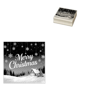 Merry Christmas and Snow Scene Rubber Stamp