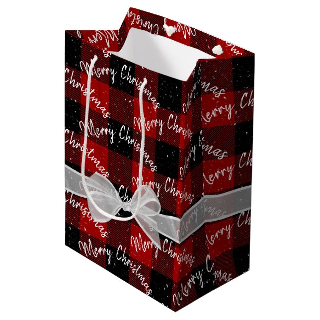 Merry Christmas and Snowflakes On Plaid Medium Gift Bag (Front Angled)