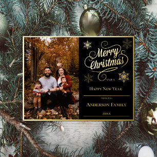 Merry Christmas and Snowflakes Photo   Black Foil Holiday Postcard