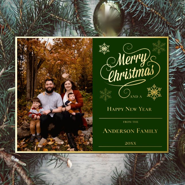 Merry Christmas and Snowflakes Photo | Green Foil Holiday Postcard (Green Merry Christmas and Snowflakes Green Photo Holiday Foil Card)