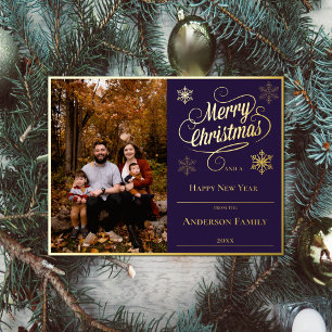 Merry Christmas and Snowflakes Photo   Purple Foil Holiday Postcard