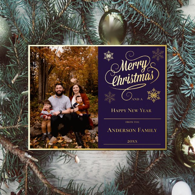 Merry Christmas and Snowflakes Photo | Purple Foil Holiday Postcard (Merry Christmas and Snowflakes Purple Photo Holiday Foil Card)