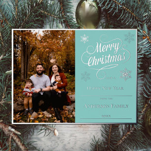 Merry Christmas and Snowflakes Photo   Teal Foil Holiday Postcard