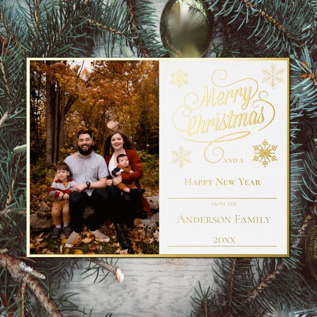 Merry Christmas and Snowflakes Photo | White Foil Holiday Postcard (Merry Christmas and Snowflakes White Photo Foil Holiday Card)