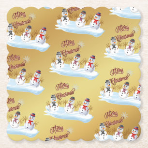 Merry Christmas and snowmen on faux gold Paper Coaster