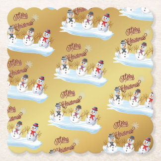 Merry Christmas and snowmen on faux gold Paper Coaster