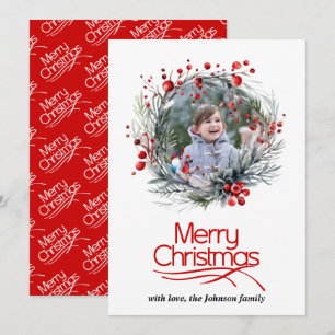 Merry Christmas and wreath with red berries photo Holiday Card