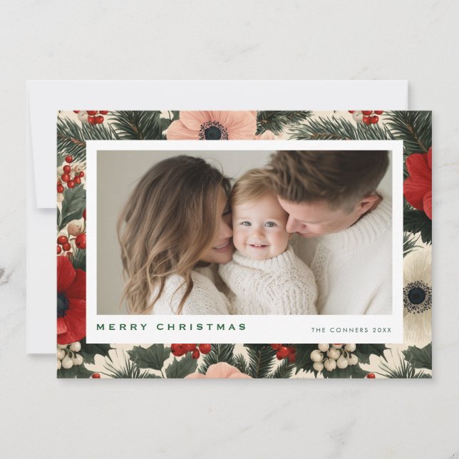 Merry Christmas Anemone Floral Background Holiday Card (Front)