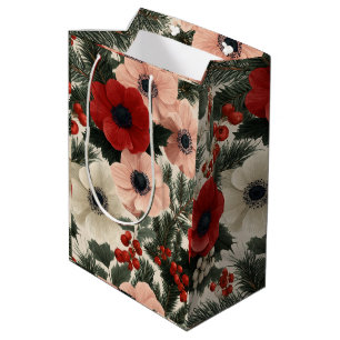 Merry Christmas Anemone Floral Background holiday Medium Gift Bag