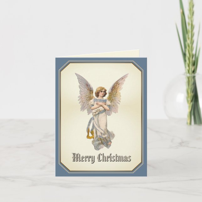 Merry Christmas Angel Blue Gold Holiday Card (Front)