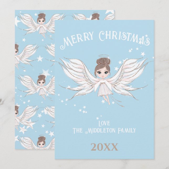 Merry Christmas Angel Dark Hair Blue Holiday Card (Front/Back)