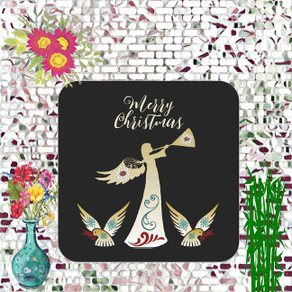 Merry Christmas Angel Gold Trumpet Decorative Art Square Sticker