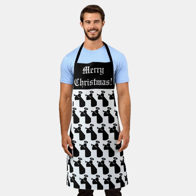 Merry Christmas Angel Pattern Black and White Apron (Worn)