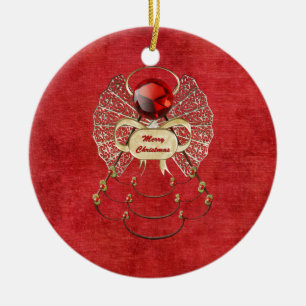 Merry Christmas Angel - Red Ceramic Ornament