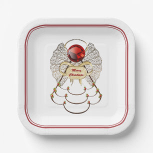 Merry Christmas Angel Red/Gold Filigree Paper Plate