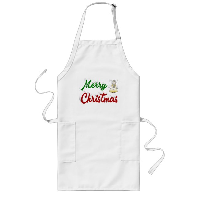 Merry Christmas Angel red green script Long Apron (Front)