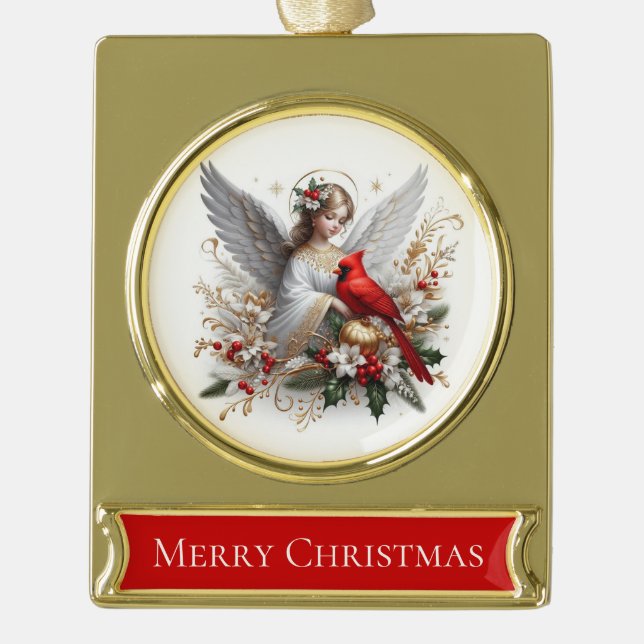 Merry Christmas – Angel with Cardinal Gold Plated Banner Ornament (Front)