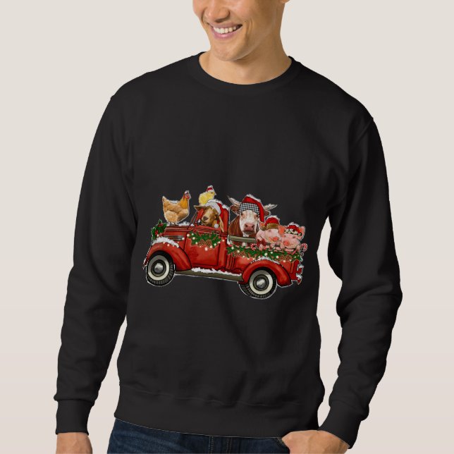 Merry Christmas Animals Farm Santa Red Truck Light Sweatshirt (Front)