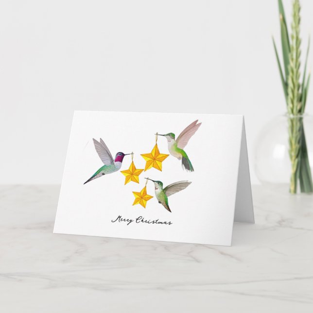 Merry Christmas Anna's Hummingbirds and Stars  Holiday Card (Front)