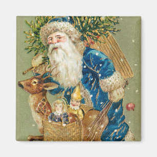 Merry Christmas, Antique Card, Santa and Reindeer Magnet