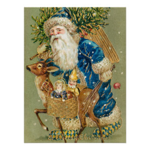 Merry Christmas, Antique Card, Santa and Reindeer Poster