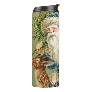 Merry Christmas, Antique Card, Santa and Reindeer Thermal Tumbler
