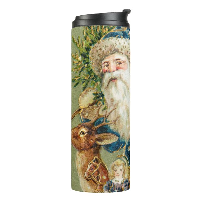 Merry Christmas, Antique Card, Santa and Reindeer Thermal Tumbler (Rotated Left)