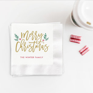 Merry Christmas Antique Gold Modern Script Holiday Napkin