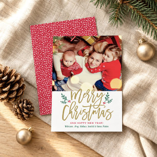 Merry Christmas Antique Gold Script Photo Holiday Card