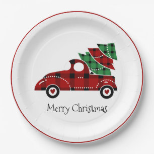 Merry Christmas Antique Red Truck Holiday Paper Plate