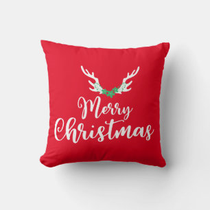 Merry Christmas Antlers with Flowers Cushion
