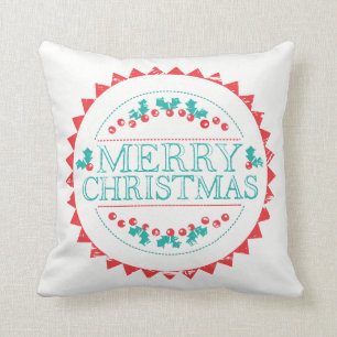 Merry Christmas Aqua & Red Chalk Stamp Typography Cushion