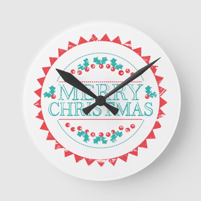 Merry Christmas Aqua & Red Chalk Stamp Typography Round Clock (Front)