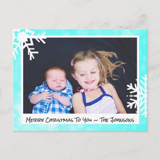 Merry Christmas Aqua Snowflakes Family Photo Card (Front)