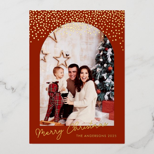 Merry Christmas Arch Gold Foil Photo  Holiday Card (Front)