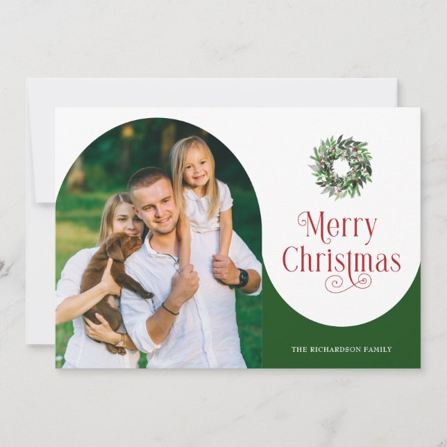 Merry Christmas Arch Photo Message Green Holiday Card (Front)