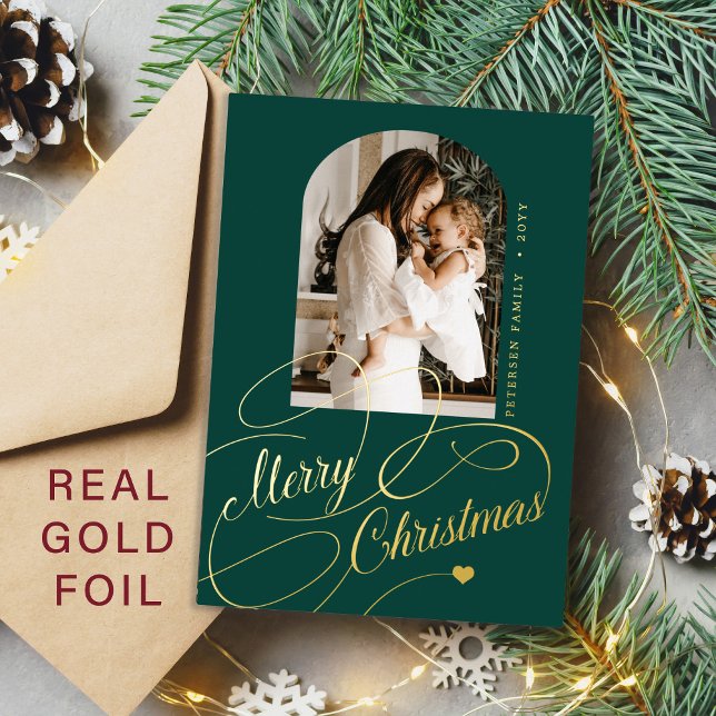 Merry Christmas arch photo real gold Foil Holiday Card (Creator Uploaded)